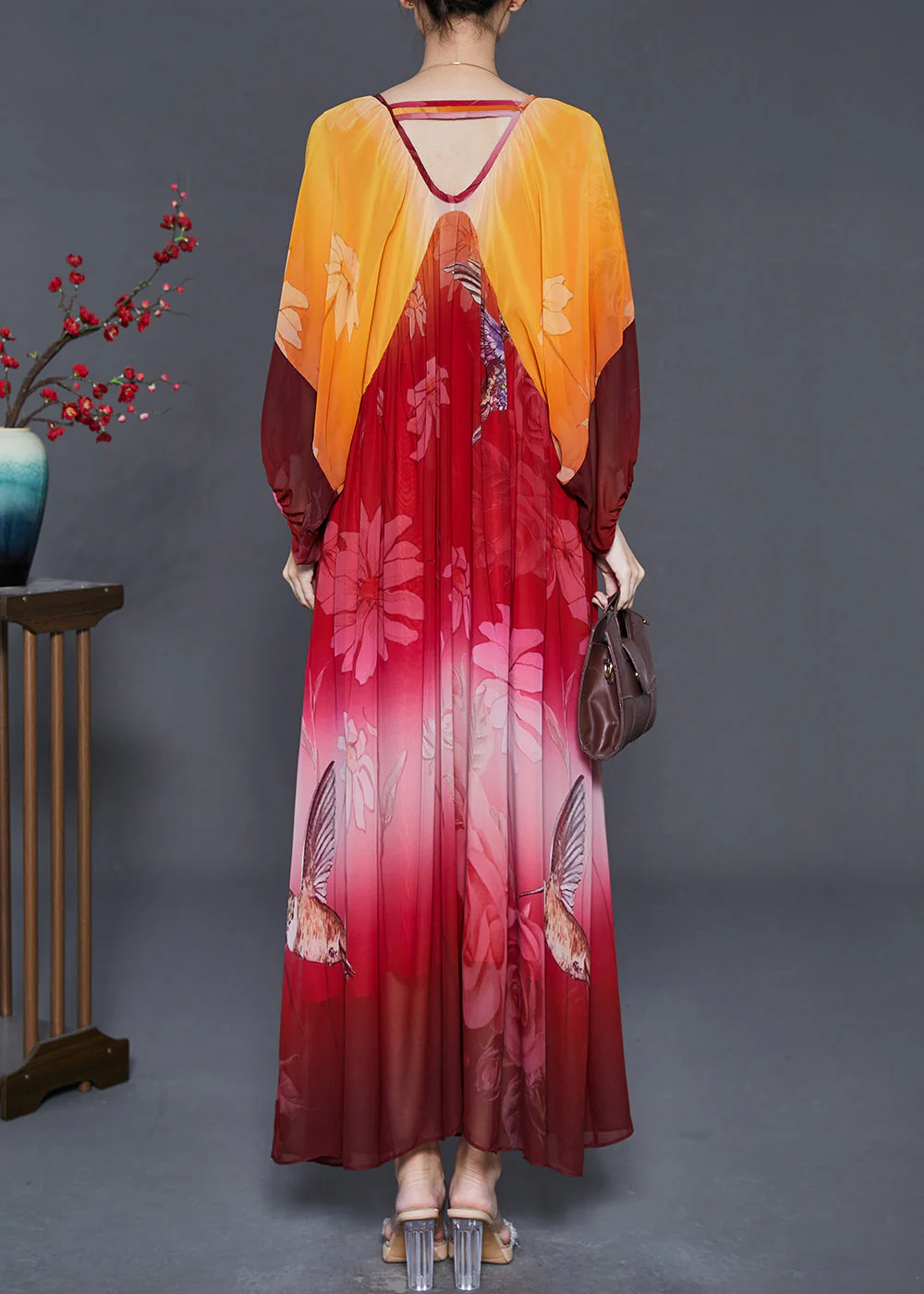Plus Size Orange Oversized Print Chiffon Holiday Dress Summer - Image 4