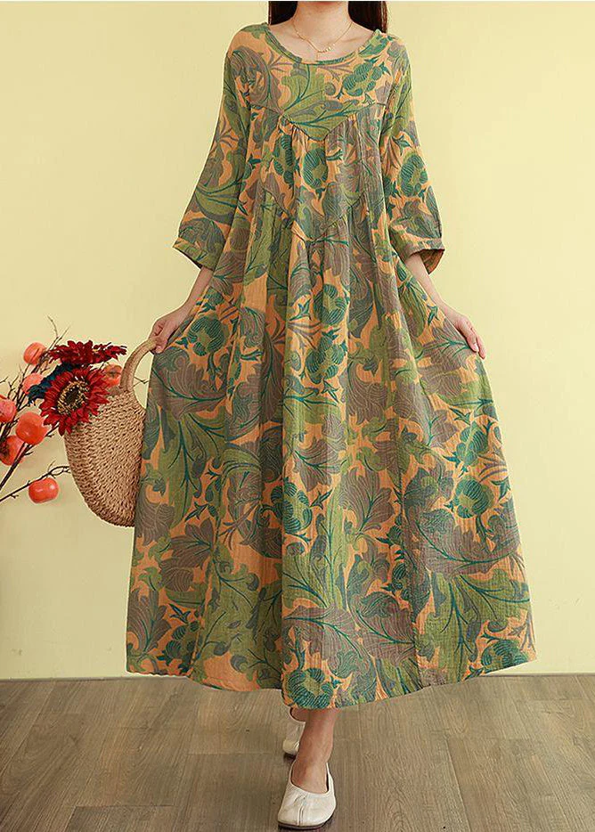 Plus Size Orange Oversized Print Cotton Long Dress Bracelet Sleeve - Image 2