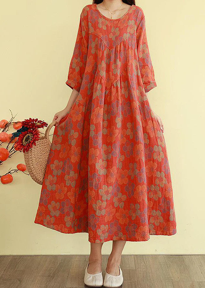 Plus Size Orange Oversized Print Cotton Long Dress Bracelet Sleeve - Image 3