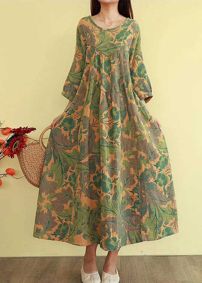 Plus Size Orange Oversized Print Cotton Long Dress Bracelet Sleeve - Image 4