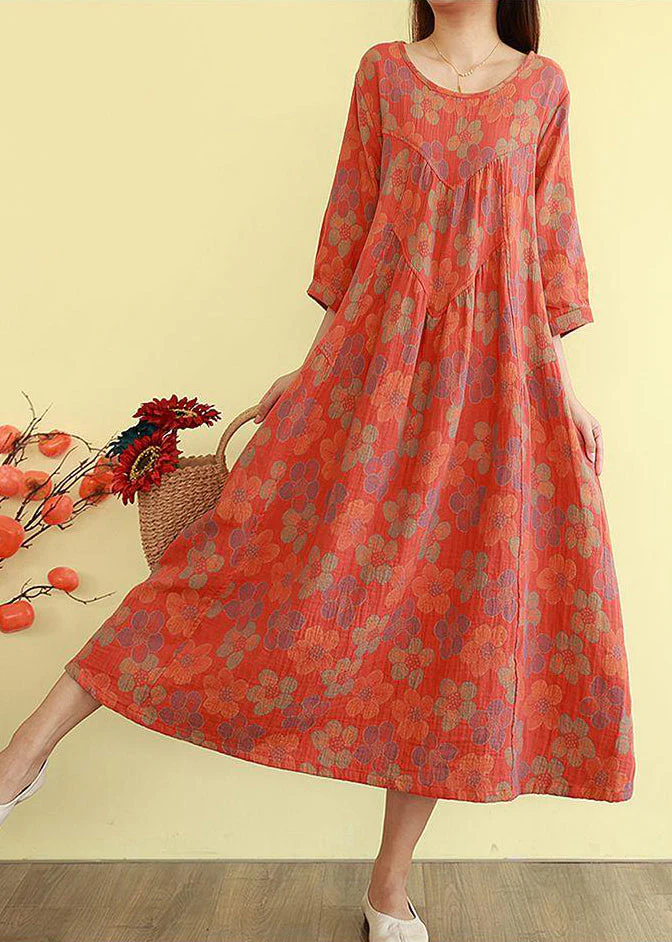 Plus Size Orange Oversized Print Cotton Long Dress Bracelet Sleeve - Image 5