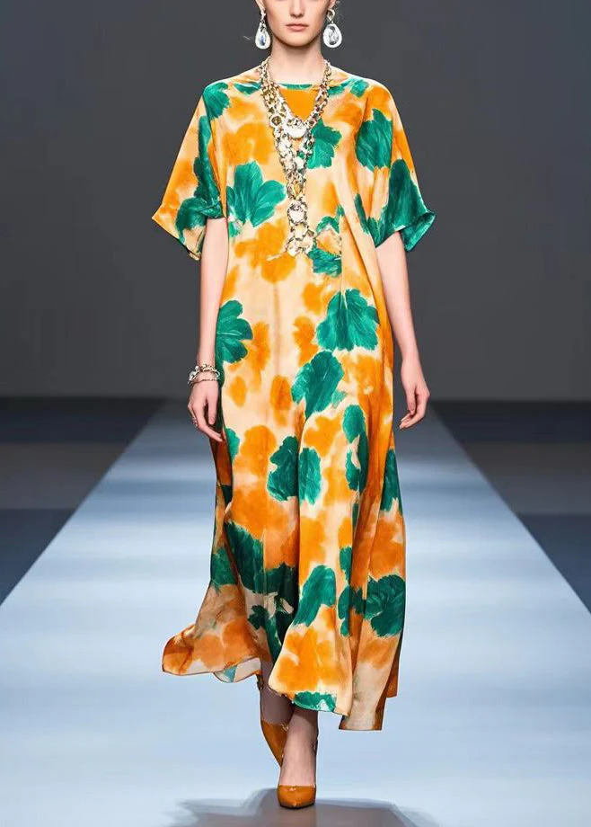 Plus Size Orange Oversized Print Silk Party Dress Summer - Image 3