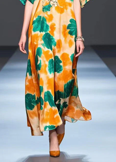 Plus Size Orange Oversized Print Silk Party Dress Summer - Image 4