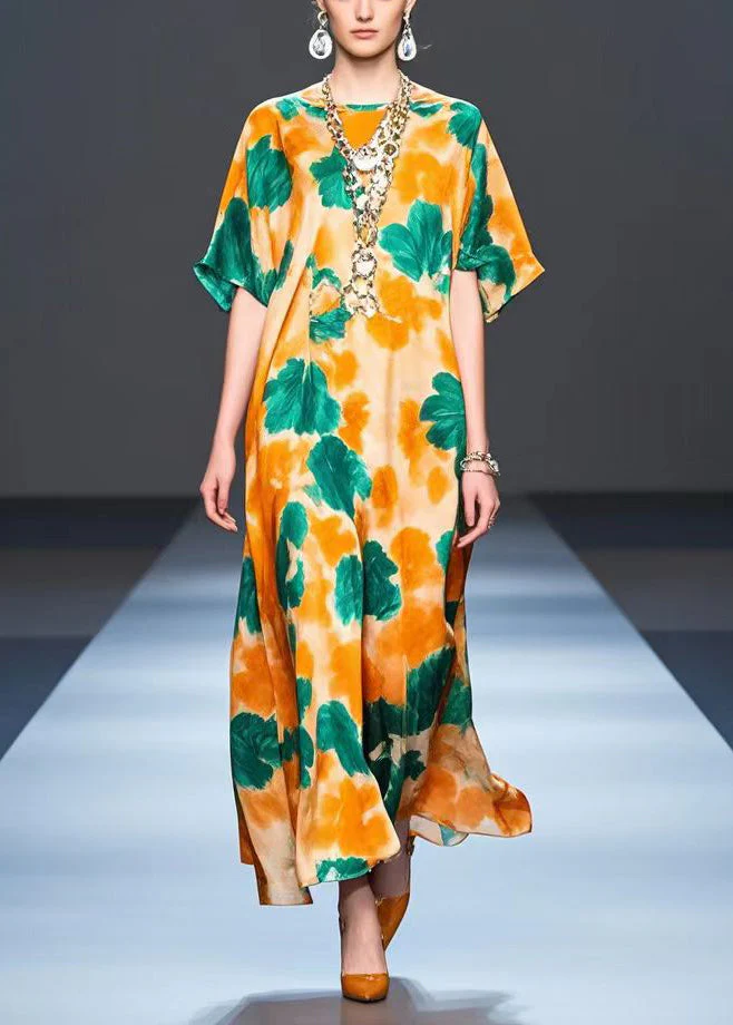 Plus Size Orange Oversized Print Silk Party Dress Summer - Image 5
