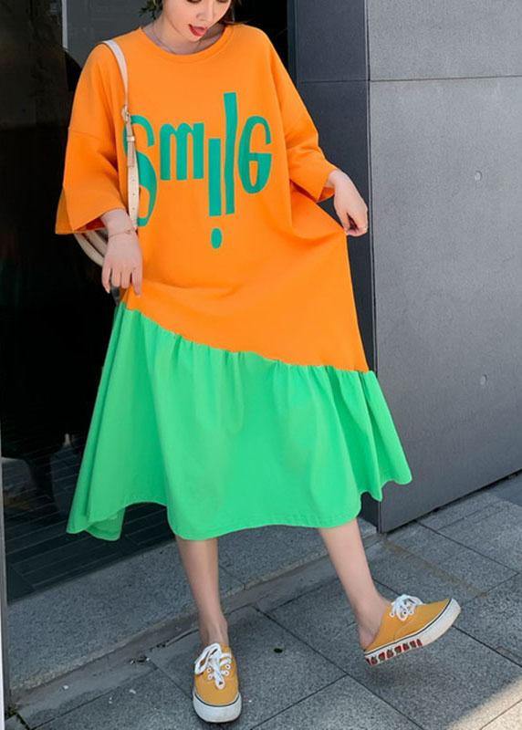 Plus Size Orange Patchwork Green Loose Graphic Summer Half Sleeve Long Dress - Image 2