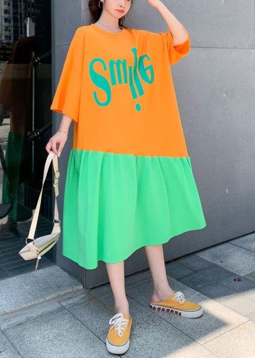 Plus Size Orange Patchwork Green Loose Graphic Summer Half Sleeve Long Dress - Image 3