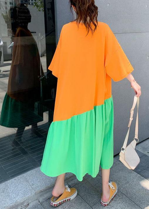 Plus Size Orange Patchwork Green Loose Graphic Summer Half Sleeve Long Dress - Image 4