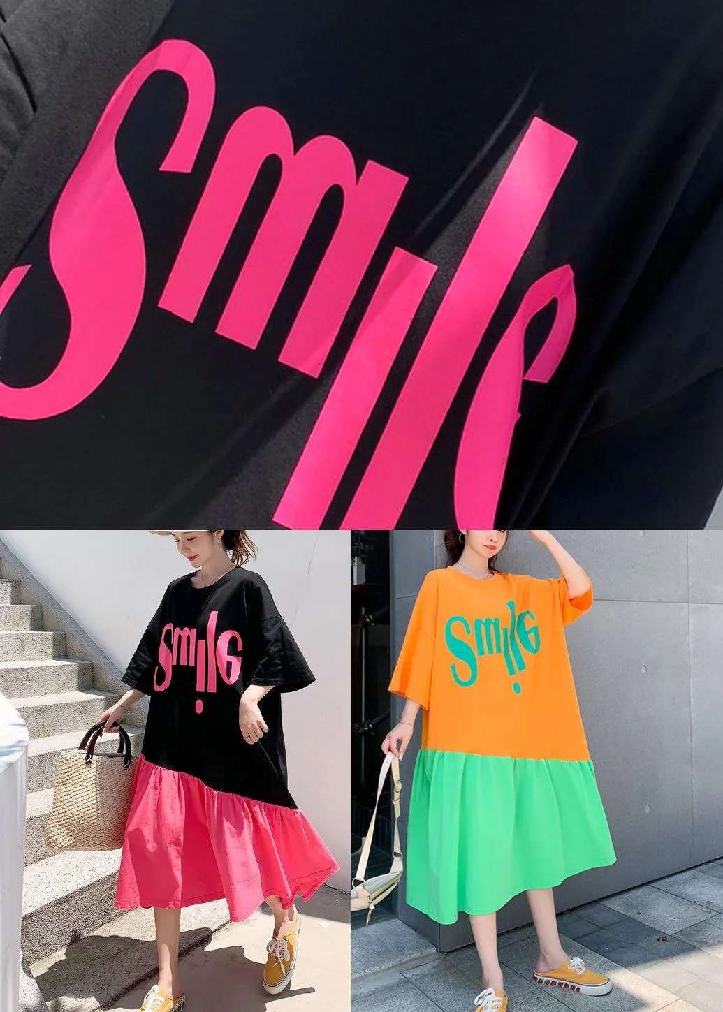 Plus Size Orange Patchwork Green Loose Graphic Summer Half Sleeve Long Dress - Image 5