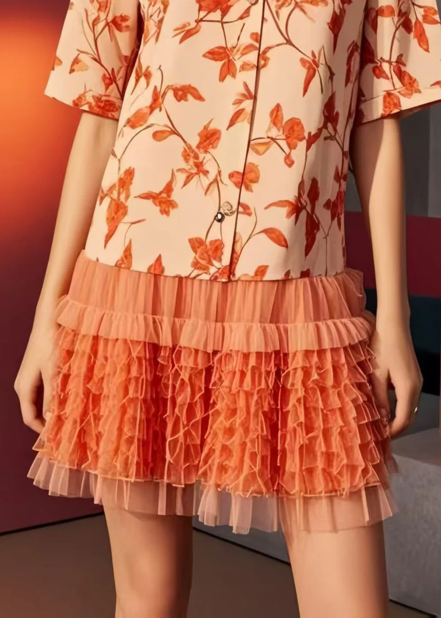 Plus Size Orange Print Patchwork Ruffled Chiffon Mini Dresses Summer - Image 4