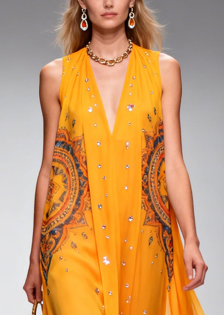 Plus Size Orange Print Rhinestone Sparkly Chiffon Holiday Dress Summer - Image 2