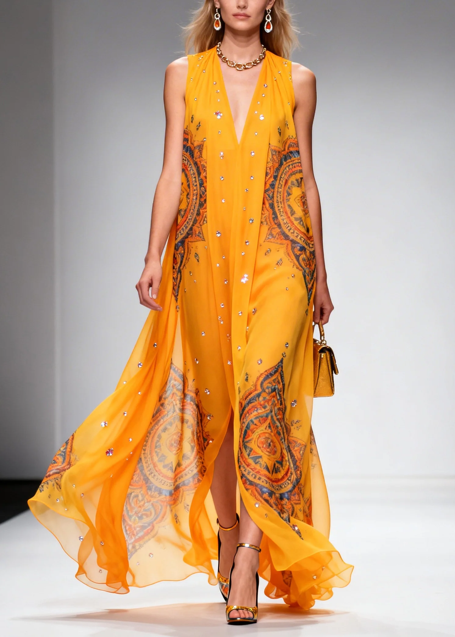Plus Size Orange Print Rhinestone Sparkly Chiffon Holiday Dress Summer - Image 3