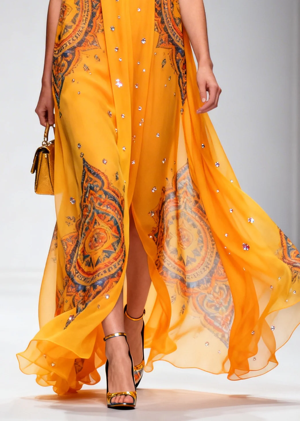 Plus Size Orange Print Rhinestone Sparkly Chiffon Holiday Dress Summer - Image 4