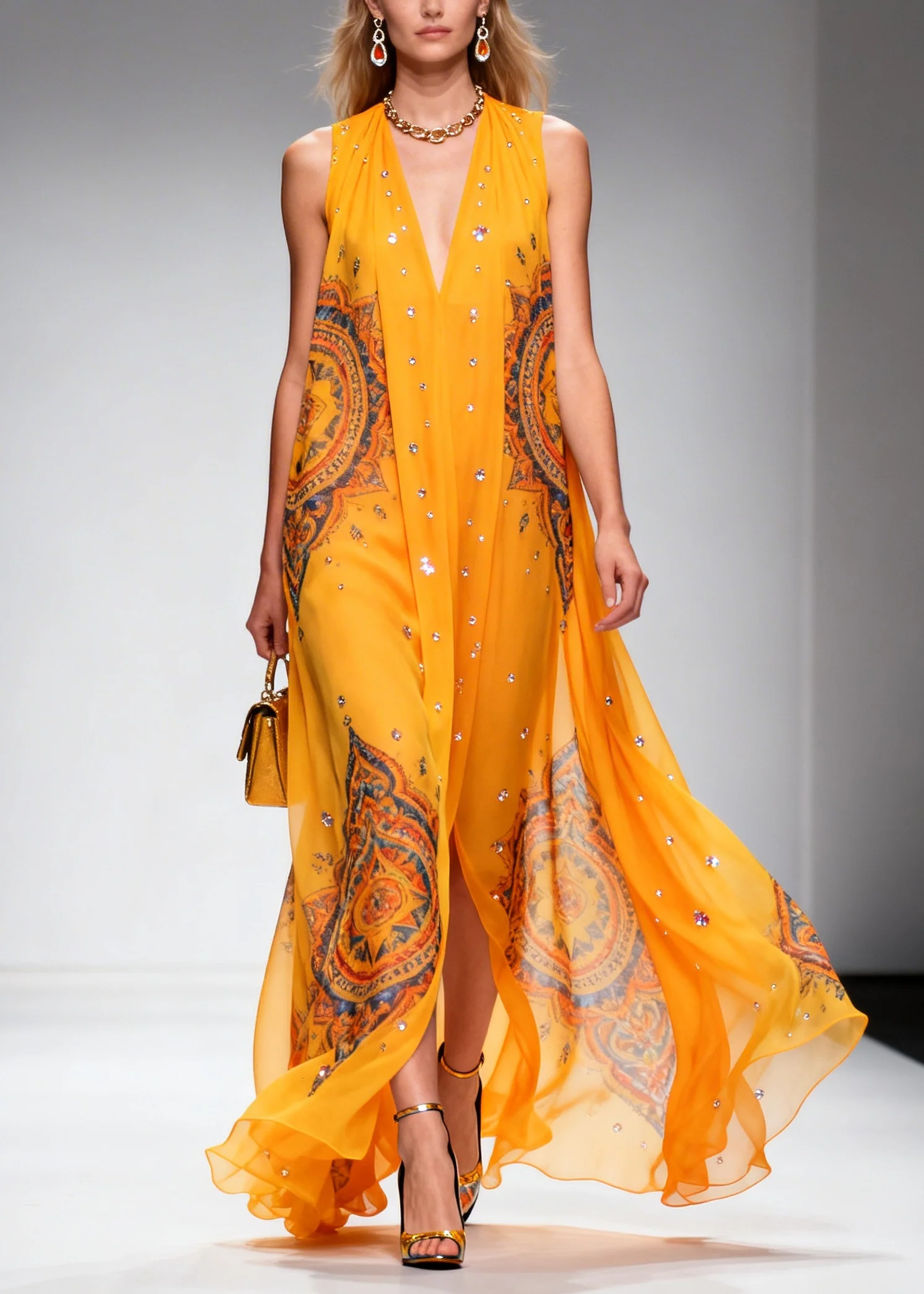 Plus Size Orange Print Rhinestone Sparkly Chiffon Holiday Dress Summer - Image 5