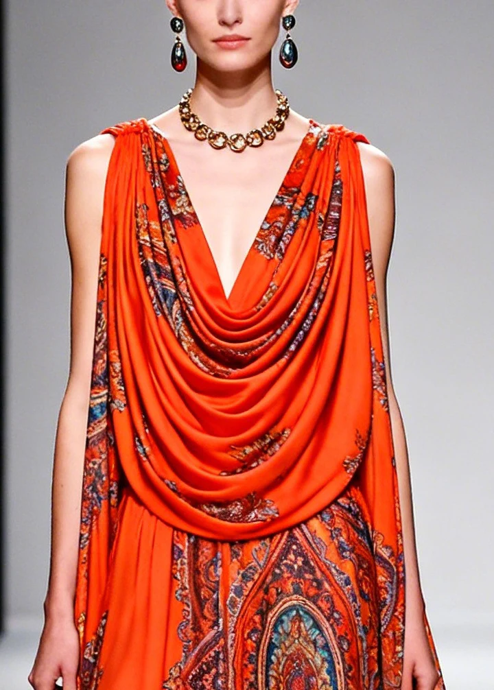 Plus Size Orange Turtle Neck Print Chiffon Robe Dresses Summer - Image 2