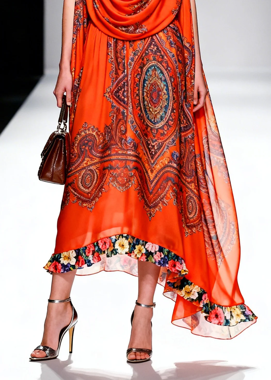 Plus Size Orange Turtle Neck Print Chiffon Robe Dresses Summer - Image 4
