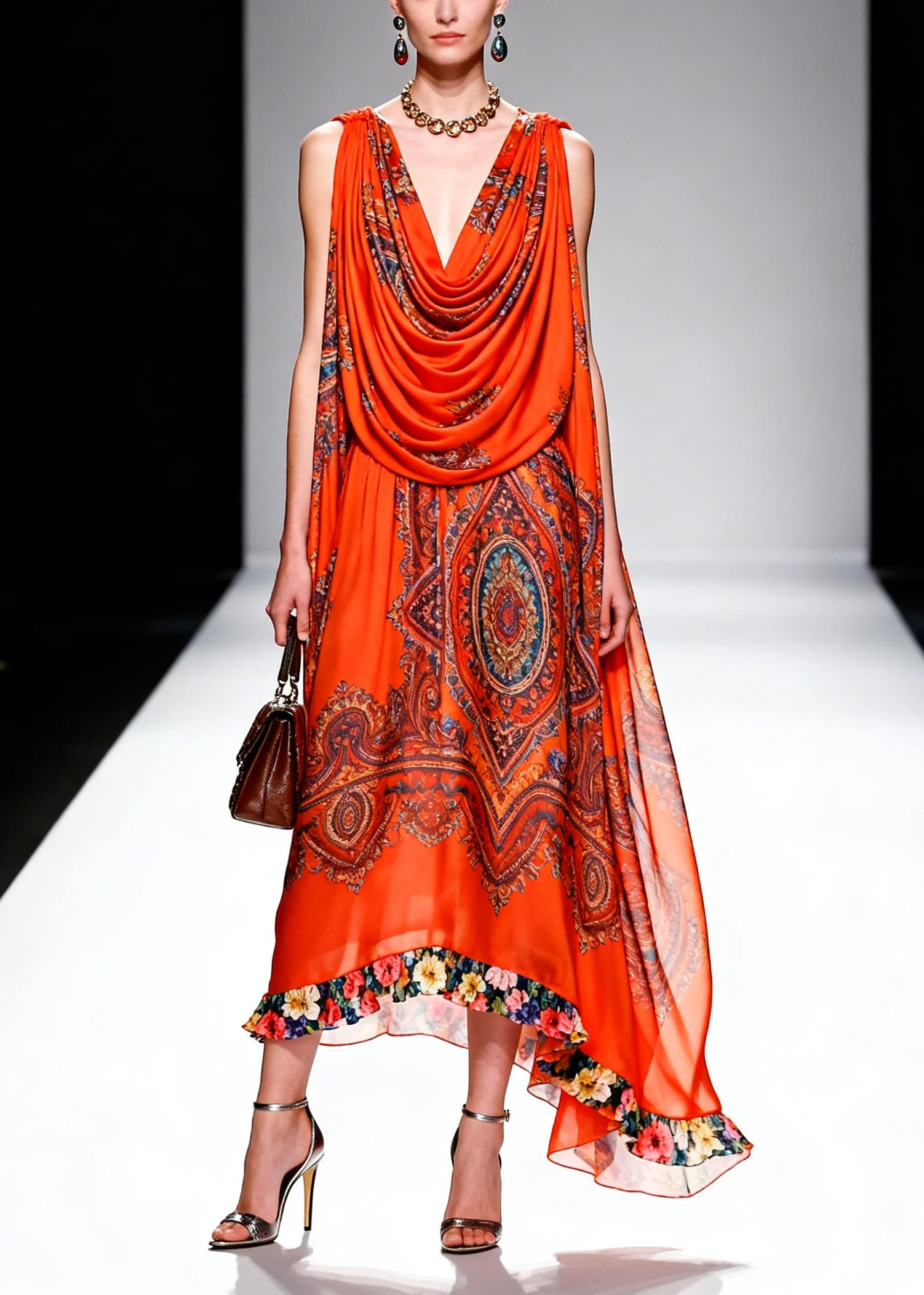 Plus Size Orange Turtle Neck Print Chiffon Robe Dresses Summer - Image 5