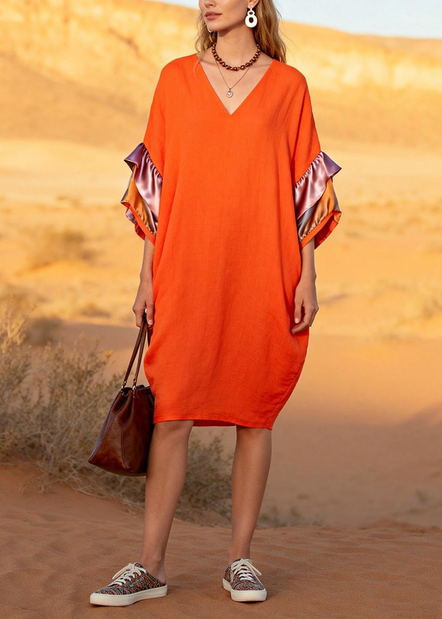 Plus Size Orange V Neck Patchwork Cotton Mid Dress Butterfly Sleeve