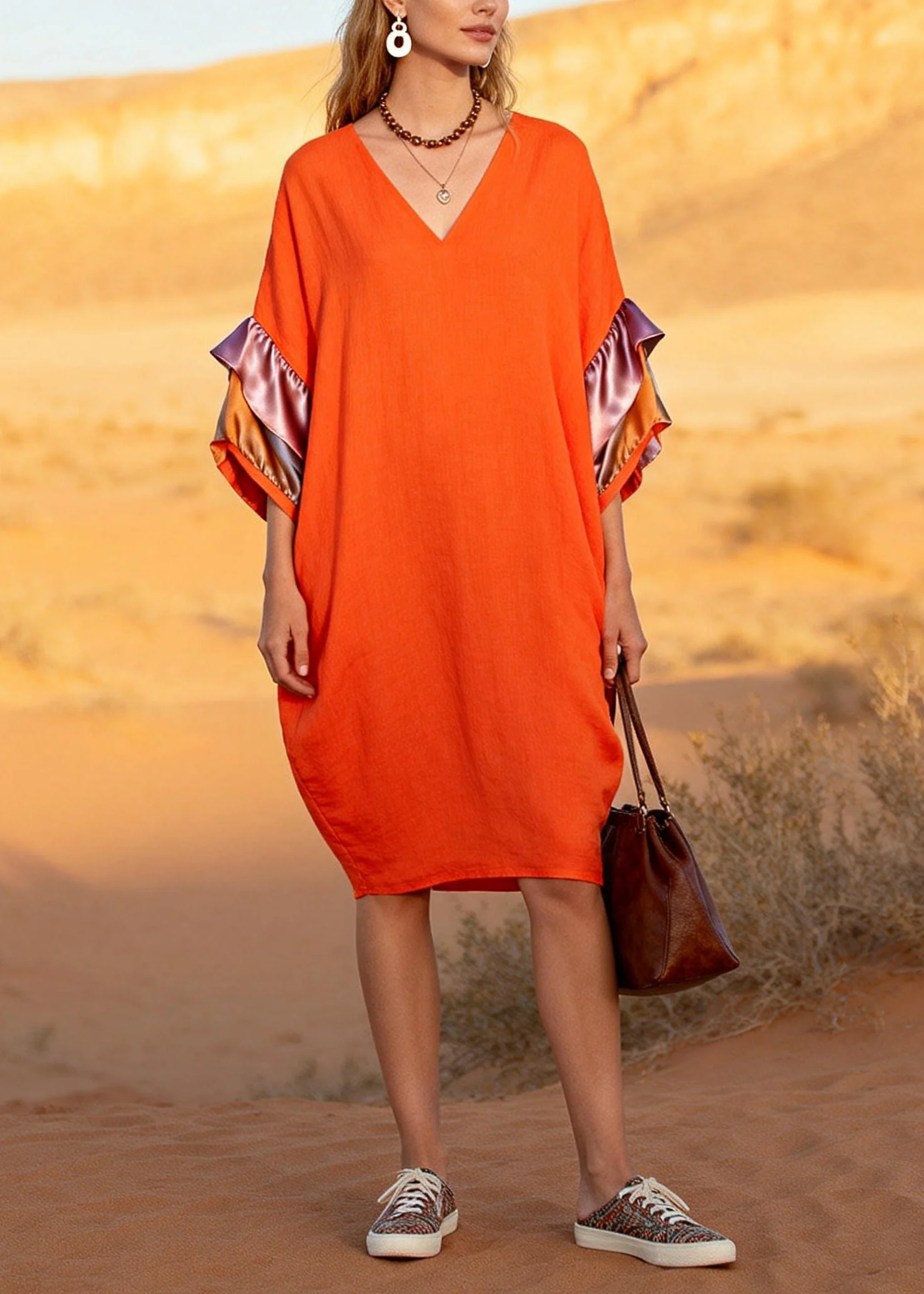 Plus Size Orange V Neck Patchwork Cotton Mid Dress Butterfly Sleeve - Image 3