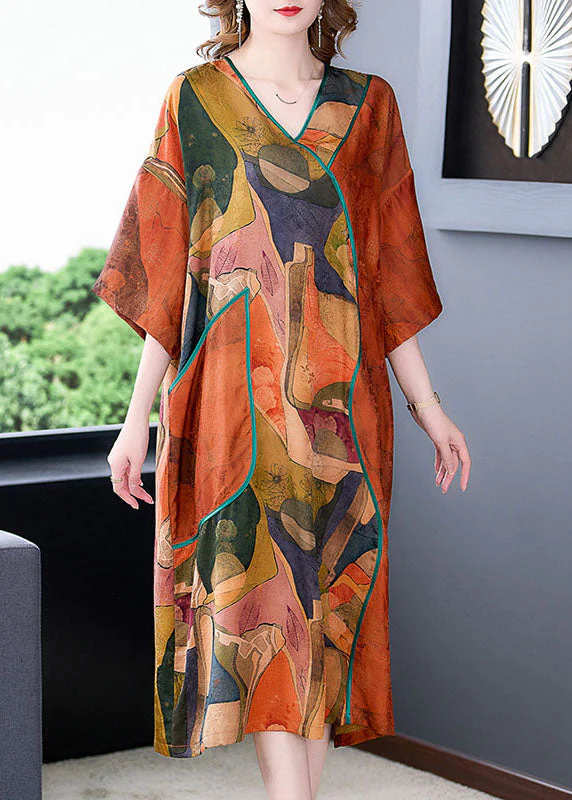 Plus Size Orange V Neck Print Patchwork Silk Dresses Summer
