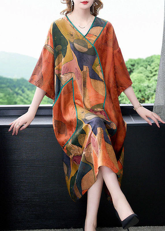Plus Size Orange V Neck Print Patchwork Silk Dresses Summer - Image 2