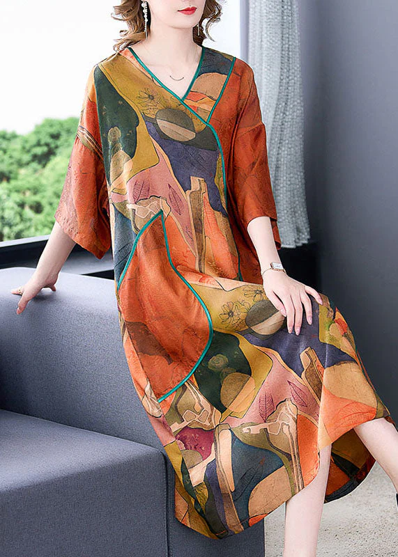 Plus Size Orange V Neck Print Patchwork Silk Dresses Summer - Image 3