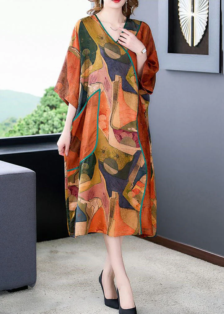 Plus Size Orange V Neck Print Patchwork Silk Dresses Summer - Image 4