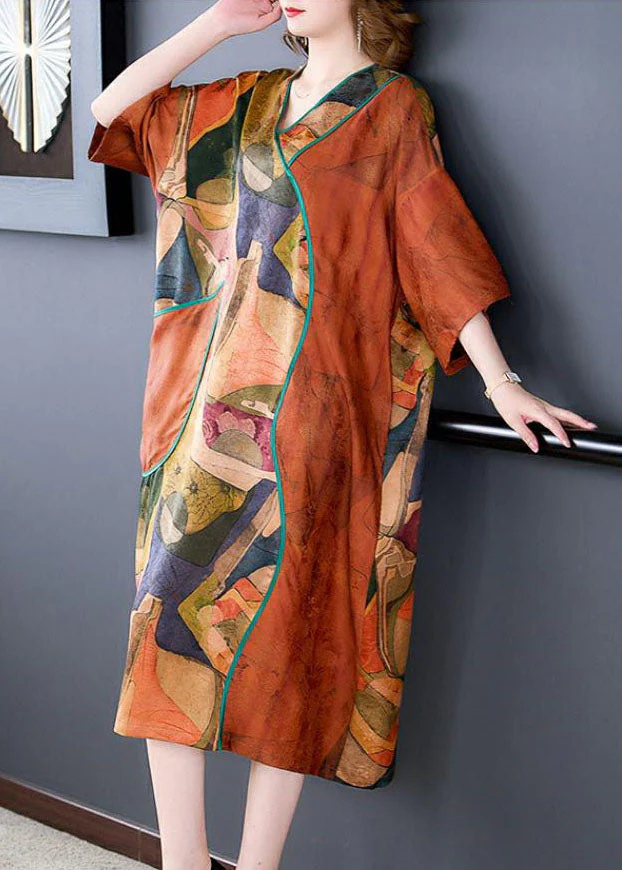 Plus Size Orange V Neck Print Patchwork Silk Dresses Summer - Image 5