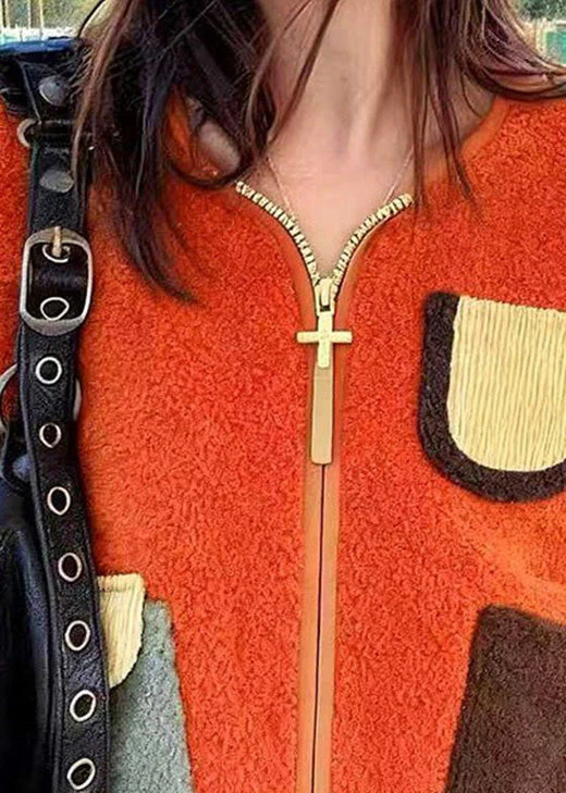 Plus Size Orange Zip Up Pockets Faux Fur Jacket Spring - Image 2
