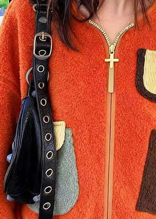 Plus Size Orange Zip Up Pockets Faux Fur Jacket Spring - Image 4