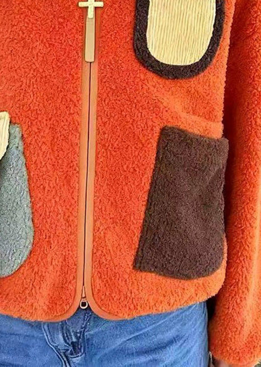 Plus Size Orange Zip Up Pockets Faux Fur Jacket Spring - Image 5