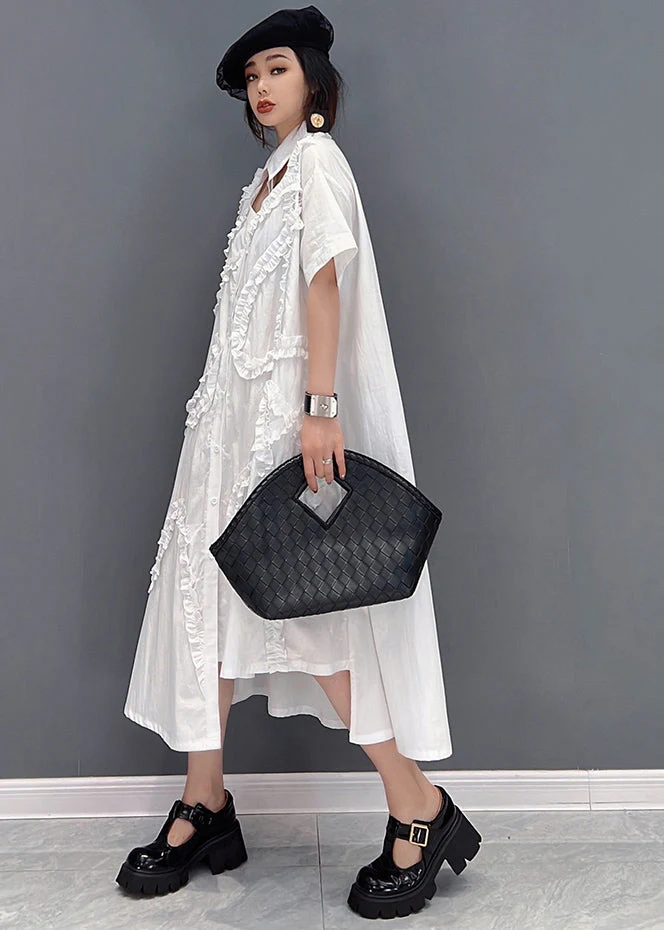 Plus Size Original White Asymmetrical Design Ruffled Cotton Shirt Dress Short Sleeve - Image 2