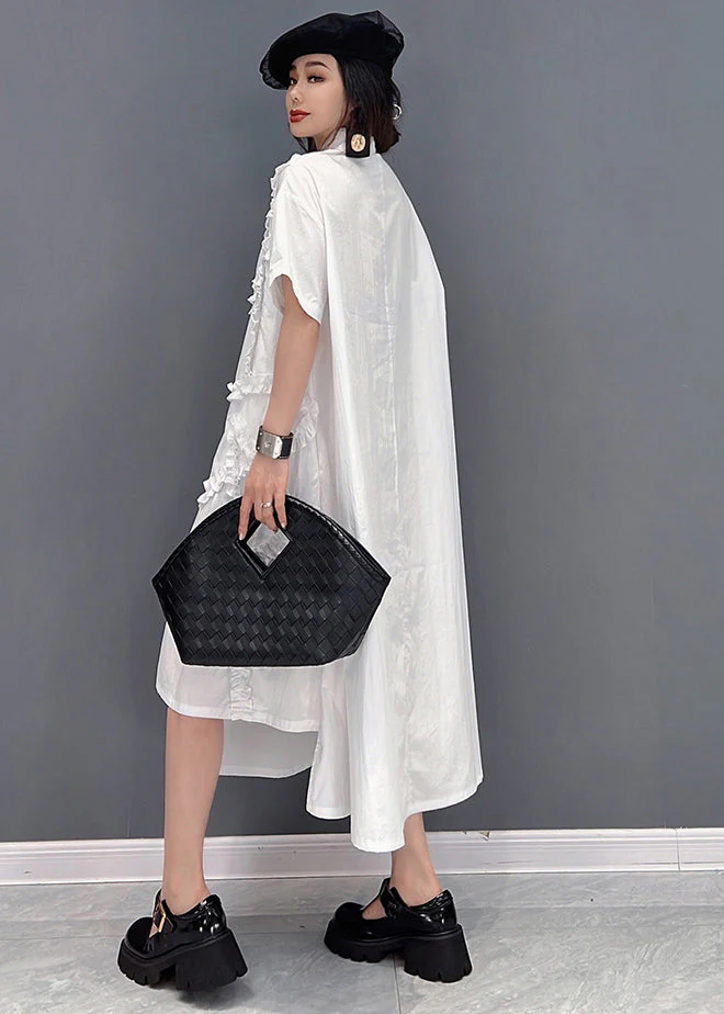 Plus Size Original White Asymmetrical Design Ruffled Cotton Shirt Dress Short Sleeve - Image 3