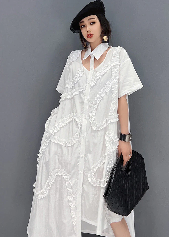 Plus Size Original White Asymmetrical Design Ruffled Cotton Shirt Dress Short Sleeve - Image 4