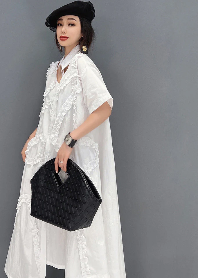 Plus Size Original White Asymmetrical Design Ruffled Cotton Shirt Dress Short Sleeve - Image 5