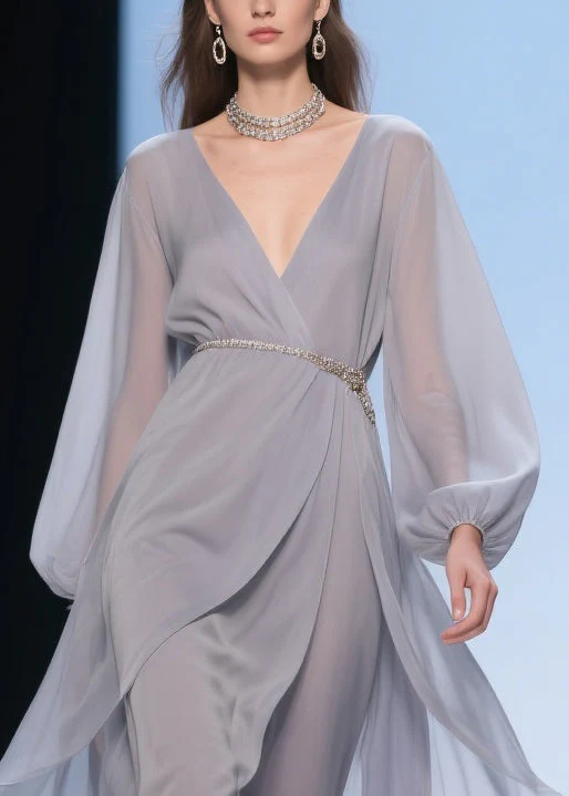 Plus Size Pale Smoggy Gray V Neck High Waist Solid Chiffon Dress Spring - Image 2