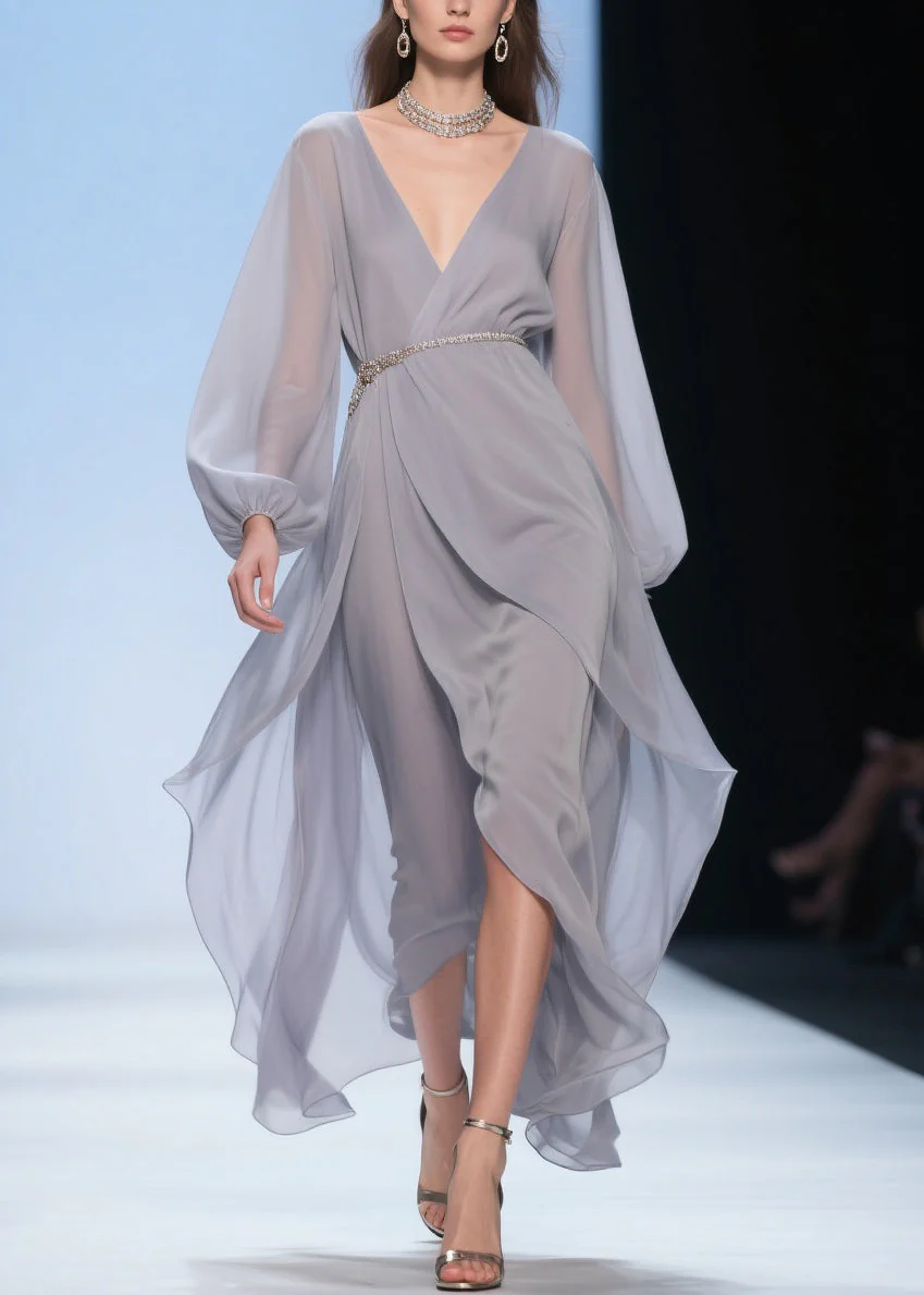 Plus Size Pale Smoggy Gray V Neck High Waist Solid Chiffon Dress Spring - Image 3
