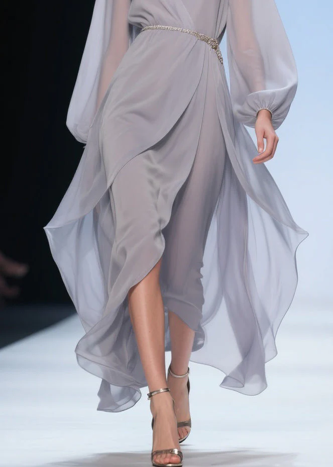 Plus Size Pale Smoggy Gray V Neck High Waist Solid Chiffon Dress Spring - Image 4