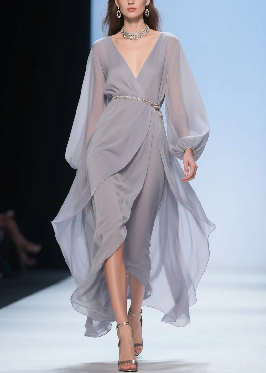 Plus Size Pale Smoggy Gray V Neck High Waist Solid Chiffon Dress Spring - Image 5
