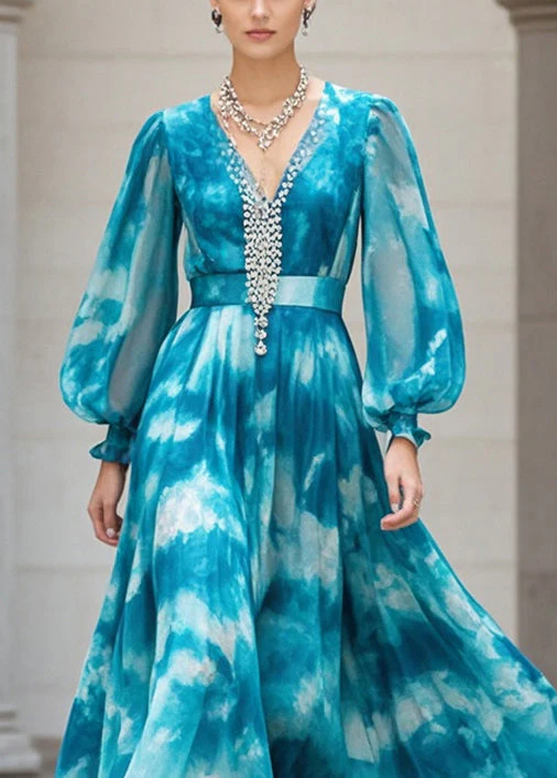 Plus Size Peacock Blue Cinched Tie Dye Chiffon Ankle Dress Fall - Image 2