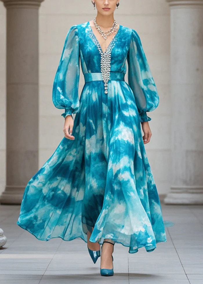 Plus Size Peacock Blue Cinched Tie Dye Chiffon Ankle Dress Fall - Image 3