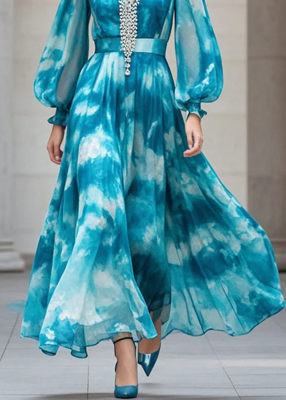Plus Size Peacock Blue Cinched Tie Dye Chiffon Ankle Dress Fall - Image 4