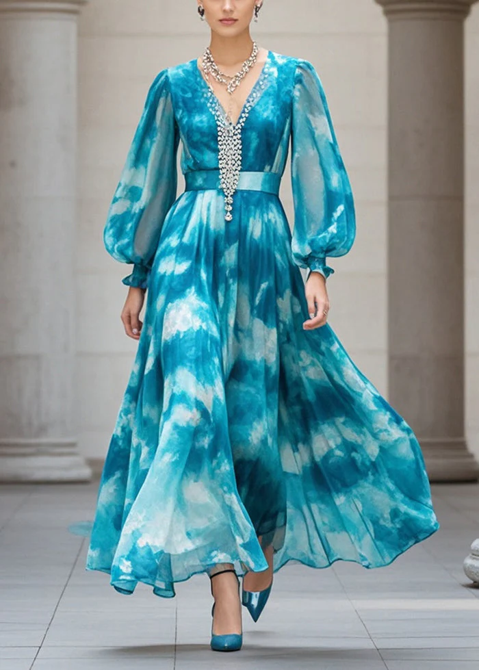 Plus Size Peacock Blue Cinched Tie Dye Chiffon Ankle Dress Fall - Image 5