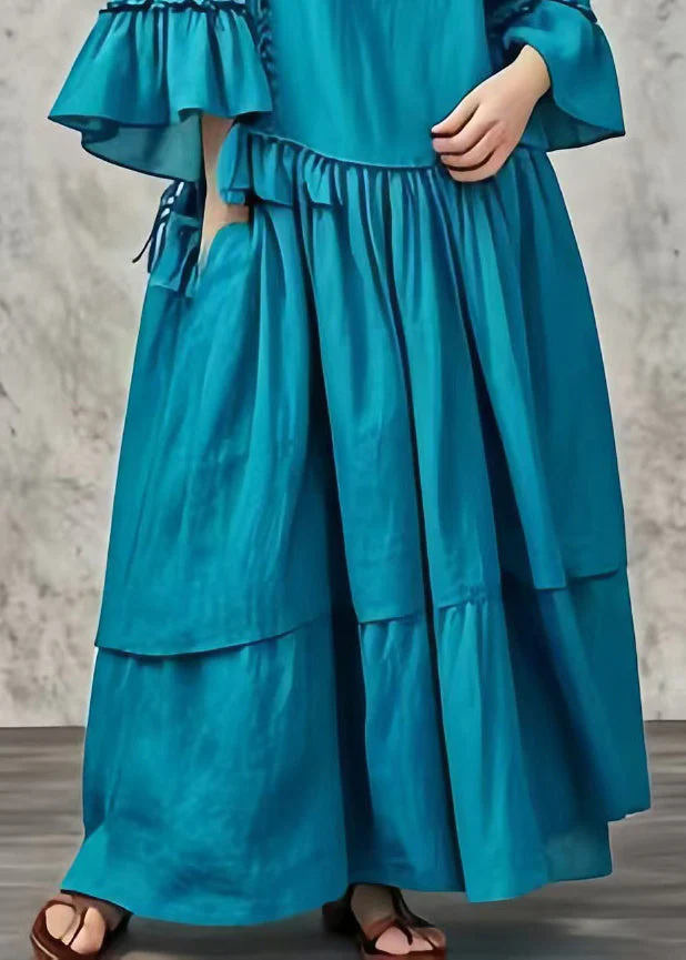 Plus Size Peacock Blue Oversized Patchwork Cotton Maxi Dresses Fall - Image 4