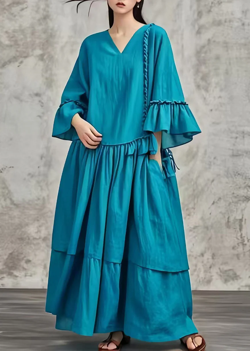 Plus Size Peacock Blue Oversized Patchwork Cotton Maxi Dresses Fall - Image 5