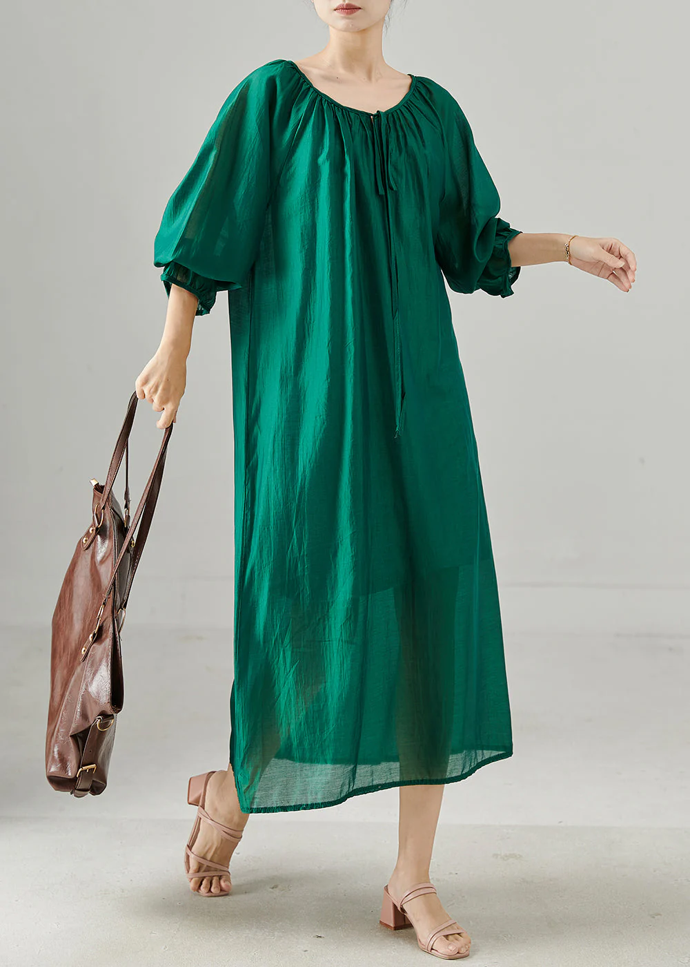 Plus Size Peacock Green Oversized Cotton Dresses Fall - Image 2