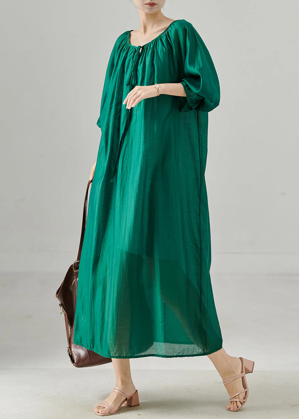 Plus Size Peacock Green Oversized Cotton Dresses Fall - Image 3