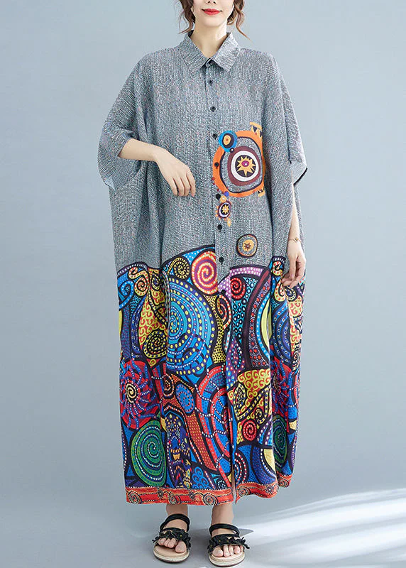Plus Size Peter Pan Collar Print Button Cotton Long Shirts Dress Summer - Image 2