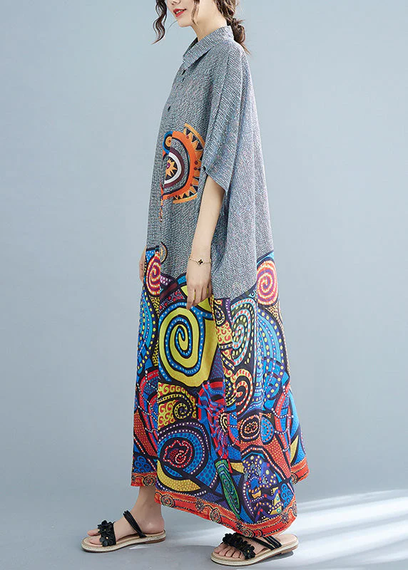 Plus Size Peter Pan Collar Print Button Cotton Long Shirts Dress Summer - Image 3
