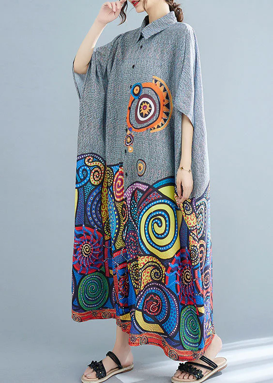 Plus Size Peter Pan Collar Print Button Cotton Long Shirts Dress Summer - Image 4