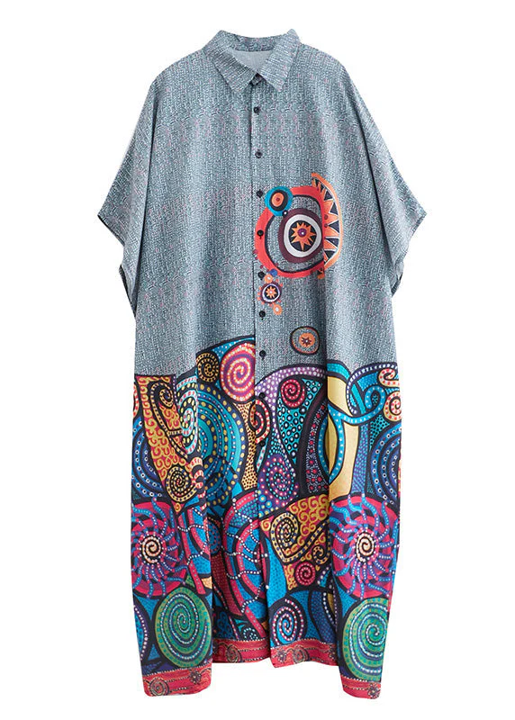 Plus Size Peter Pan Collar Print Button Cotton Long Shirts Dress Summer - Image 5